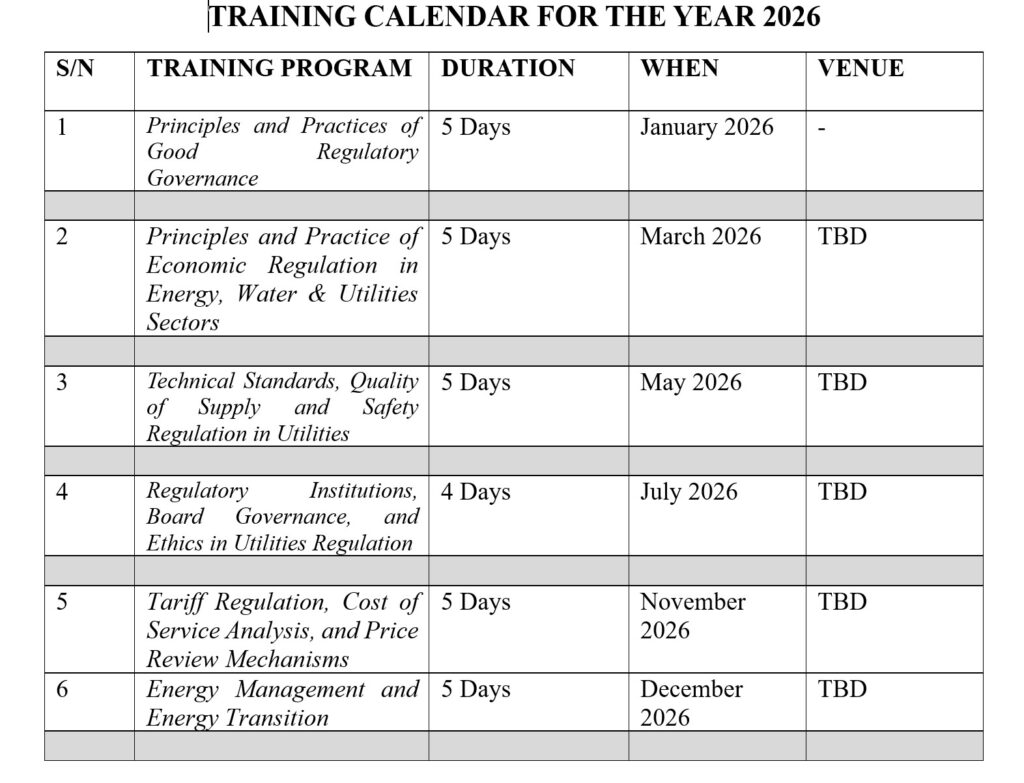 TRAINING CALENDAR FOR THE YEAR 2026